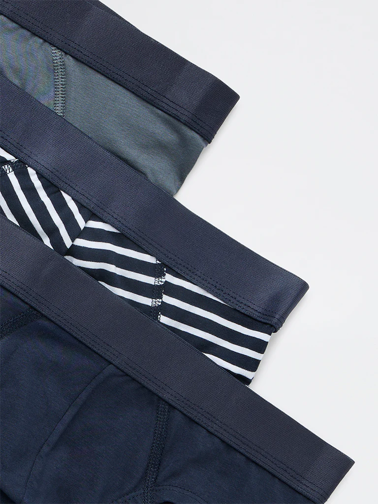 WES Lounge Dark Navy Striped Cotton-Blend Briefs - Pack of 3 - Image 4