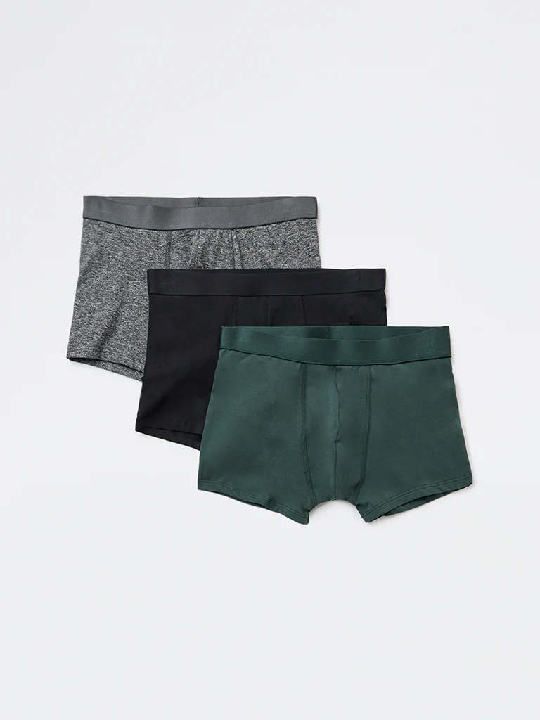 WES Lounge Dark Olive Solid Cotton-Blend Trunks - Pack of 3