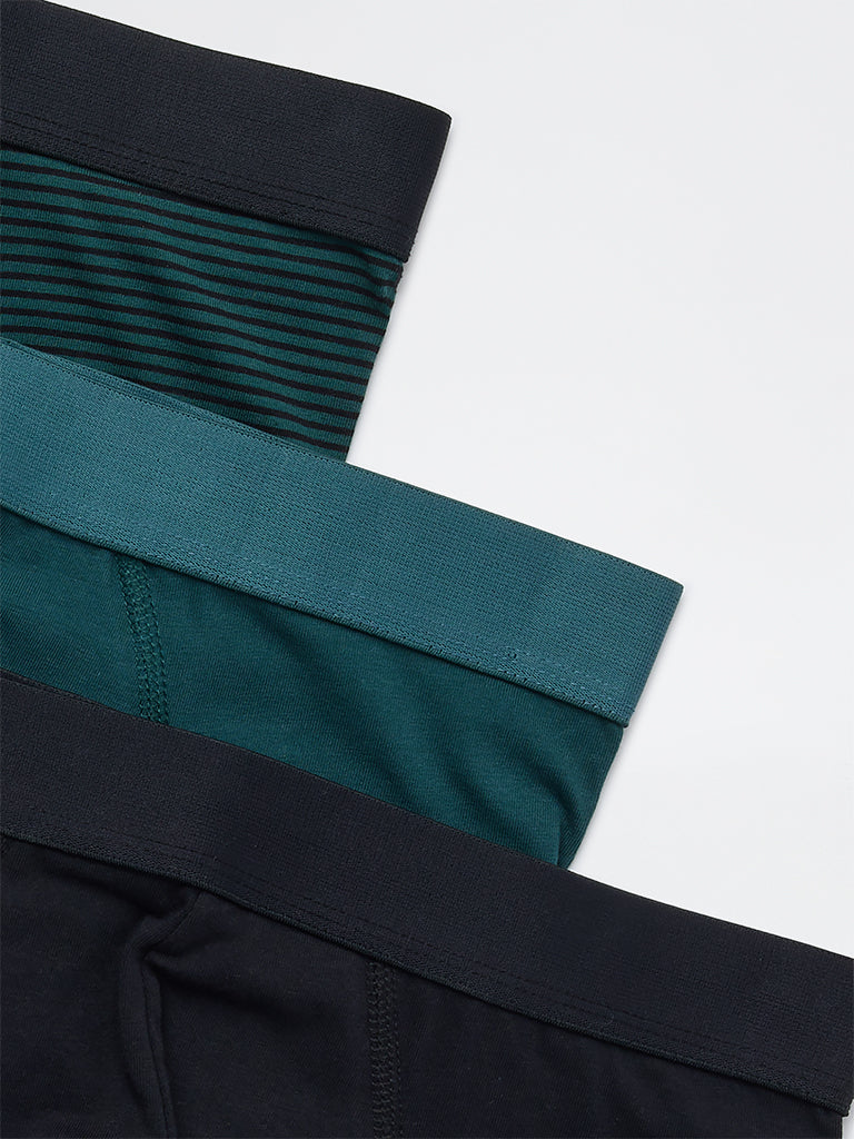WES Lounge Green Striped Cotton-Blend Briefs - Pack of 3 - Image 4