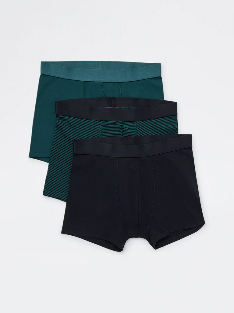 WES Lounge Green Striped Cotton-Blend Trunks - Pack of 3