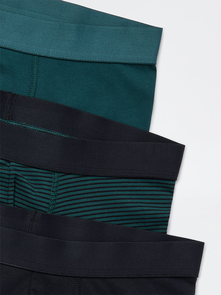 WES Lounge Green Striped Cotton-Blend Trunks - Pack of 3 - Image 4