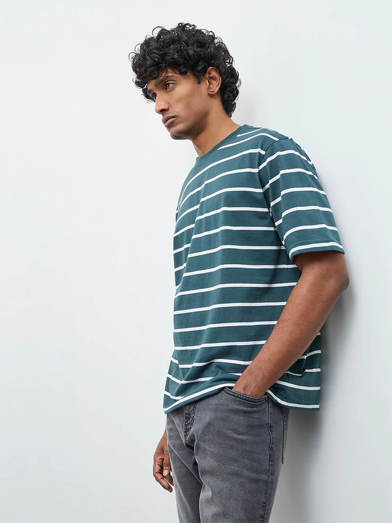 WES Lounge Green Striped Relaxed-Fit Cotton T-Shirt
