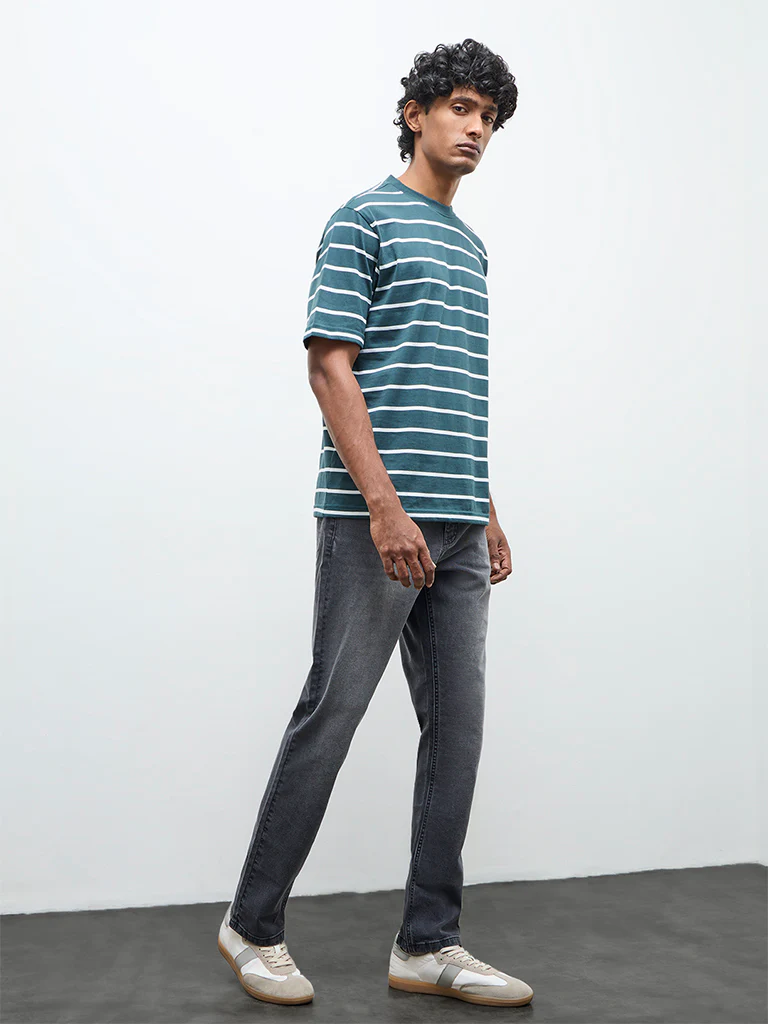 WES Lounge Green Striped Relaxed-Fit Cotton T-Shirt - Image 2