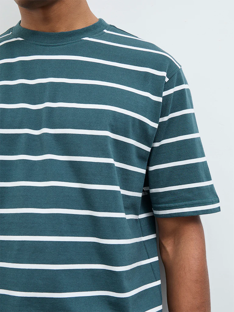 WES Lounge Green Striped Relaxed-Fit Cotton T-Shirt - Image 3