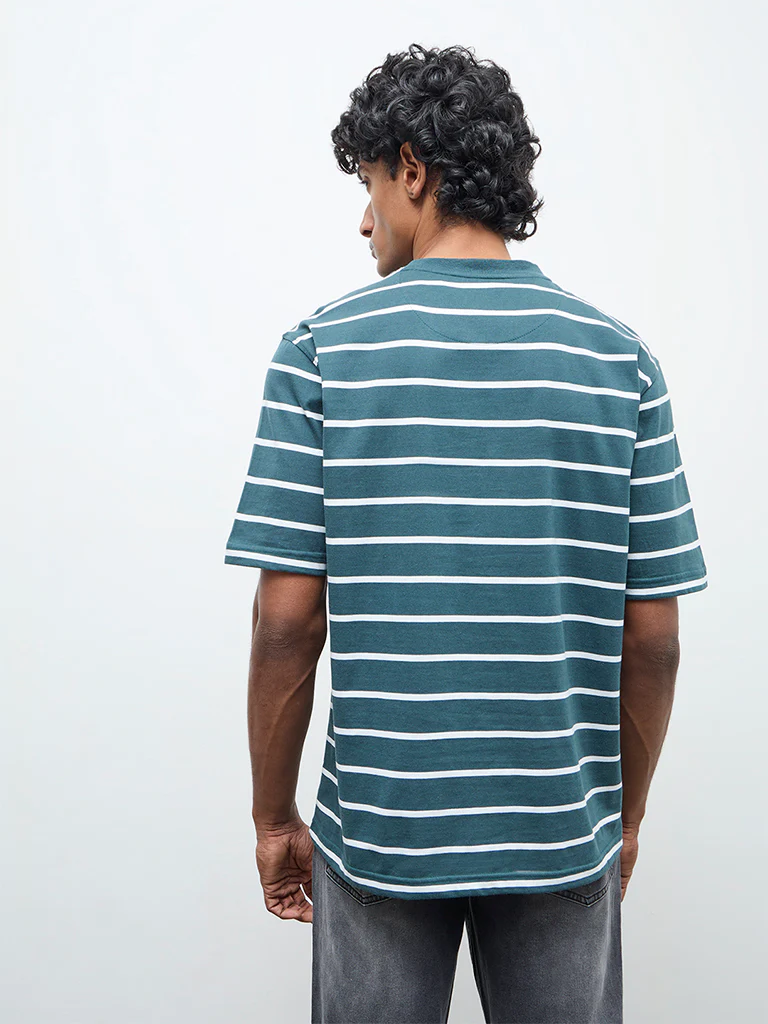 WES Lounge Green Striped Relaxed-Fit Cotton T-Shirt - Image 4