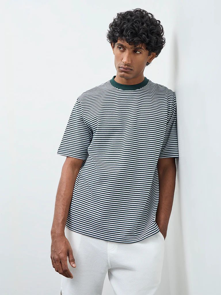 WES Lounge Green Striped Relaxed-Fit Cotton T-Shirt