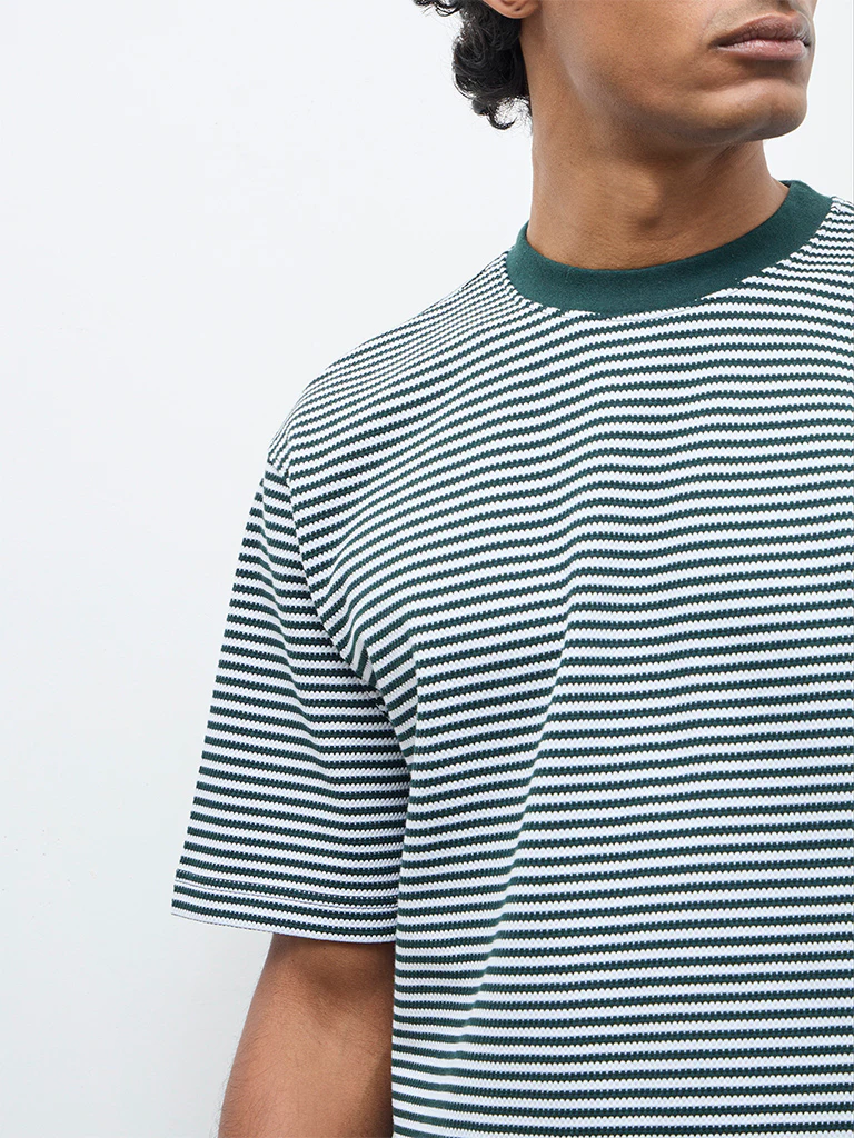 WES Lounge Green Striped Relaxed-Fit Cotton T-Shirt - Image 3