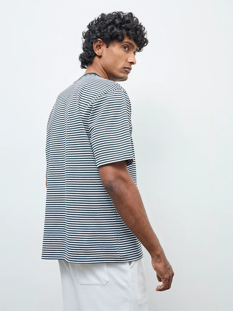WES Lounge Green Striped Relaxed-Fit Cotton T-Shirt - Image 4