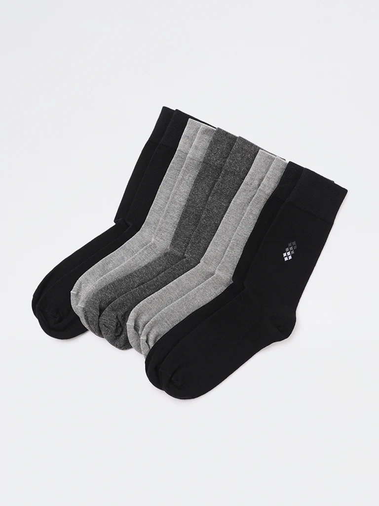WES Lounge Grey Cotton-Blend Full Length Socks - Pack of 5 - Image 3