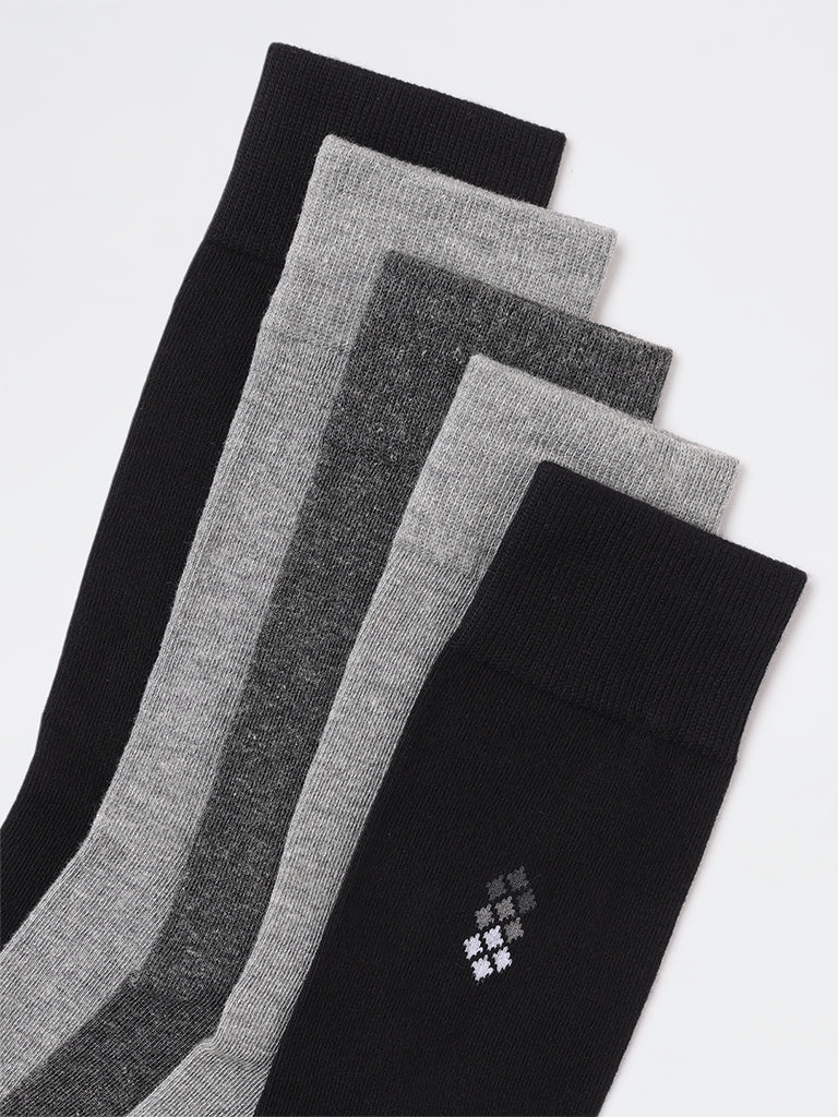 WES Lounge Grey Cotton-Blend Full Length Socks - Pack of 5 - Image 4