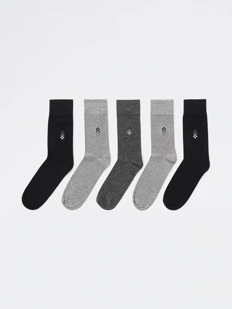 WES Lounge Grey Cotton-Blend Full-Length Socks - Pack of 5