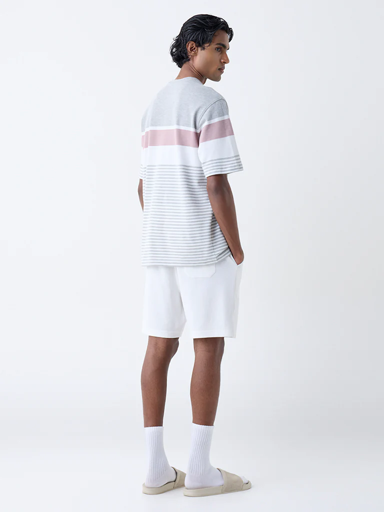 WES Lounge Grey Self-Striped Relaxed-Fit Cotton-Blend T-Shirt - Image 4