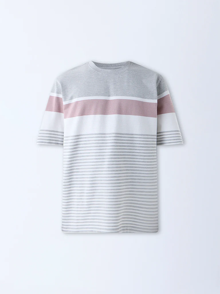 WES Lounge Grey Self-Striped Relaxed-Fit Cotton-Blend T-Shirt - Image 5