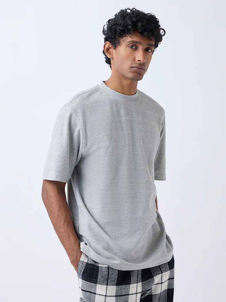 WES Lounge Grey Textured Relaxed-Fit Cotton-Blend T-Shirt