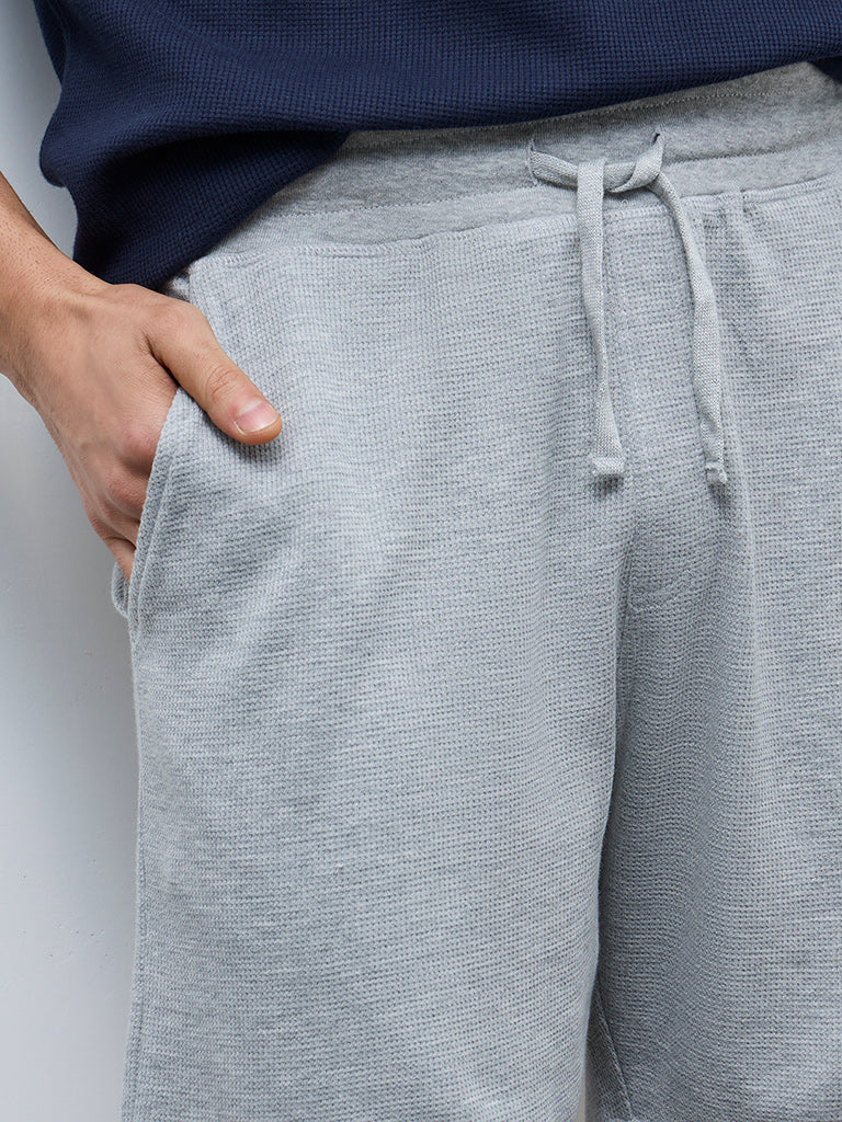 WES Lounge Grey Waffle-Textured Regular-Fit Mid-Rise Cotton-Blend Shorts - Image 4