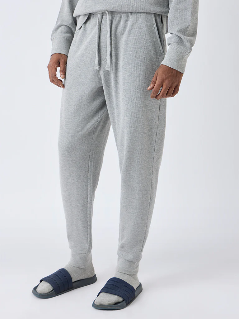 WES Lounge Grey Waffle-Textured Relaxed-Fit Mid-Rise Cotton-Blend Joggers - Image 3