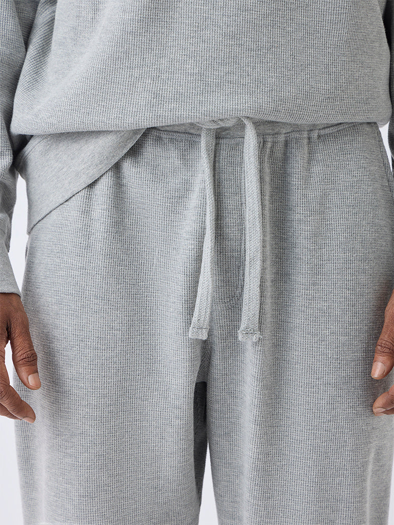 WES Lounge Grey Waffle-Textured Relaxed-Fit Mid-Rise Cotton-Blend Joggers - Image 4