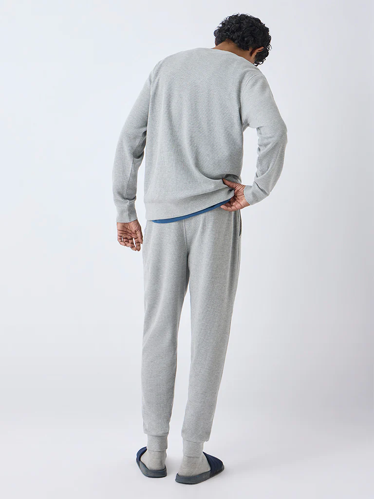WES Lounge Grey Waffle-Textured Relaxed-Fit Mid-Rise Cotton-Blend Joggers - Image 5