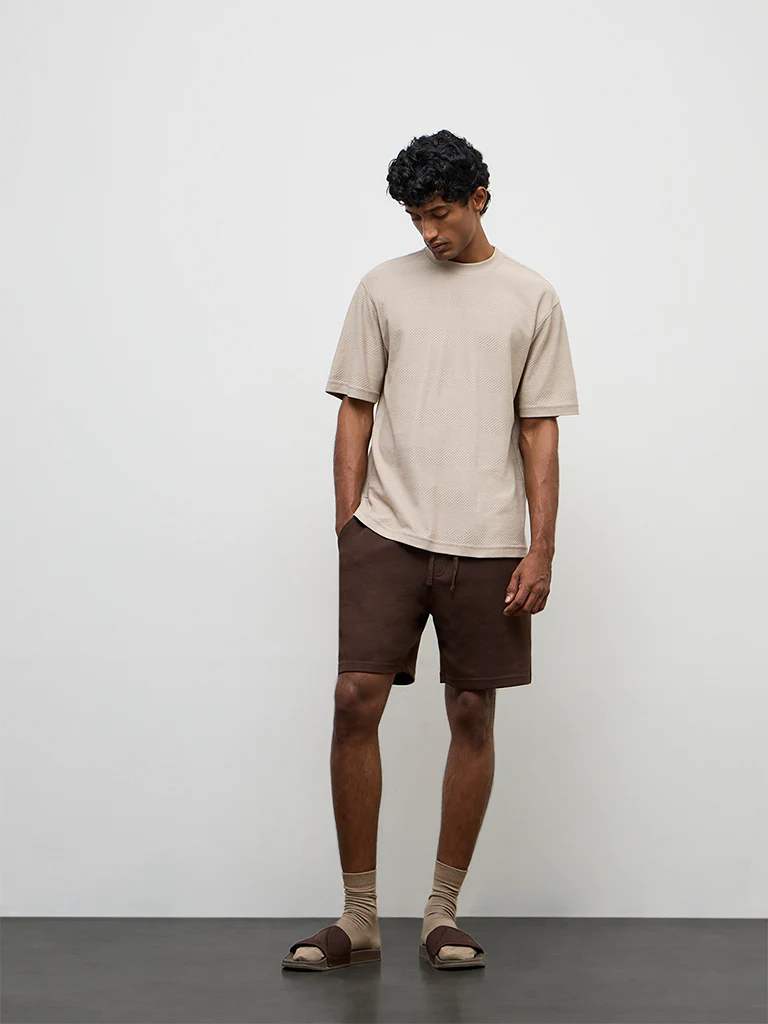 WES Lounge Light Beige Textured Relaxed-Fit Cotton T-Shirt - Image 3