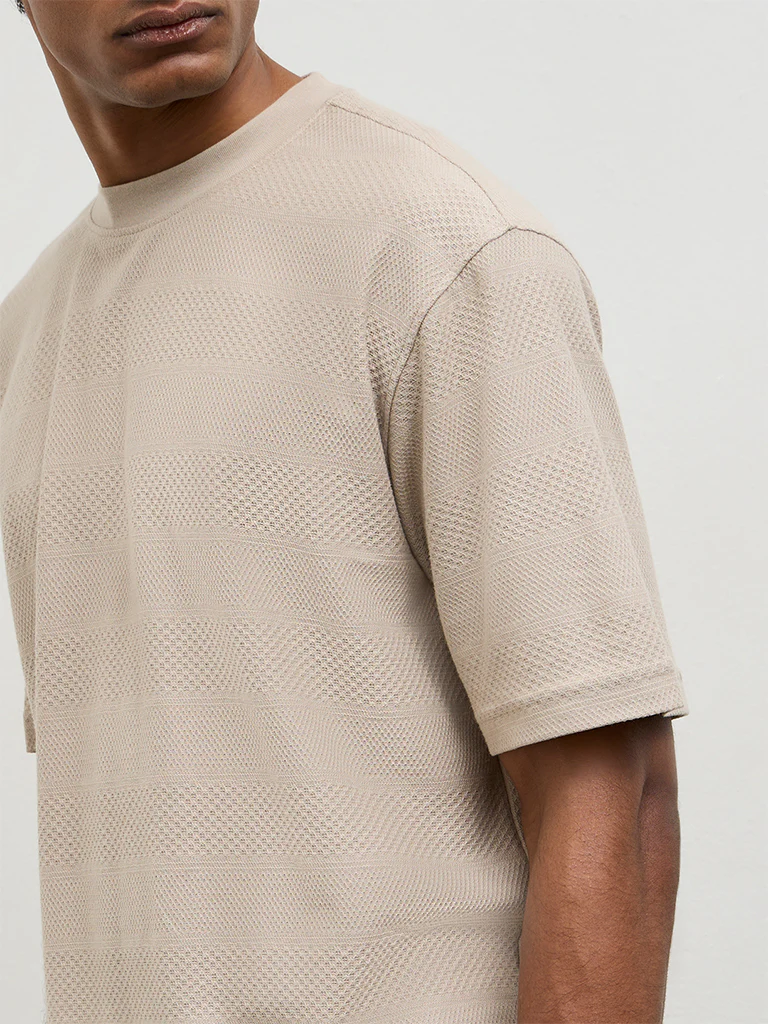 WES Lounge Light Beige Textured Relaxed-Fit Cotton T-Shirt - Image 4