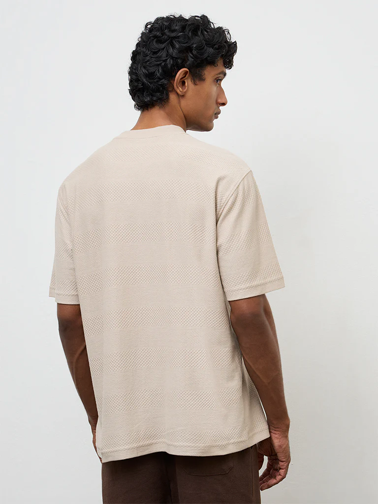 WES Lounge Light Beige Textured Relaxed-Fit Cotton T-Shirt - Image 5