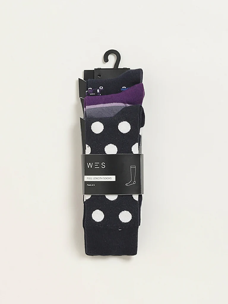 WES Lounge Multicolour Printed Cotton-Blend Full Length Socks - Pack of 3 - Image 3