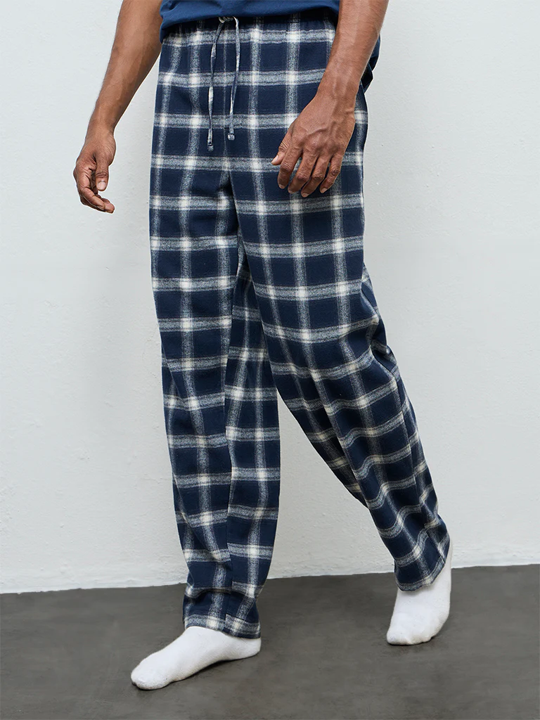 WES Lounge Navy Checkered Relaxed-Fit Mid-Rise Cotton Pants - Image 2