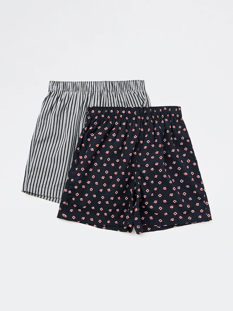 WES Lounge Navy Printed Relaxed-Fit Cotton Boxers - Pack of 2