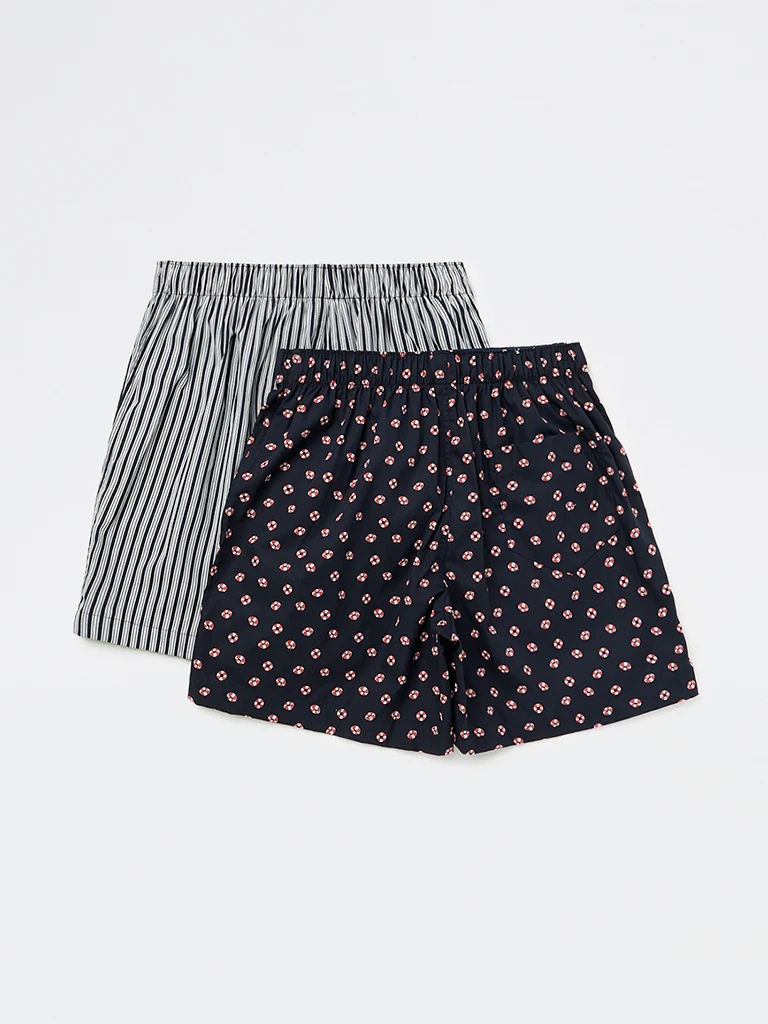 WES Lounge Navy Printed Relaxed-Fit Cotton Boxers - Pack of 2 - Image 2
