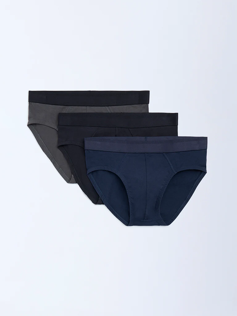 WES Lounge Navy Solid Cotton Briefs - Pack of 3