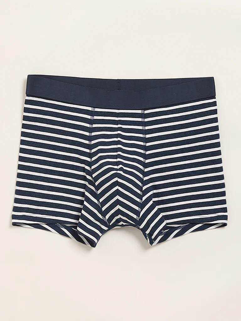 WES Lounge Navy Striped Cotton-Blend Relaxed Fit Trunks - Pack of 3 - Image 3