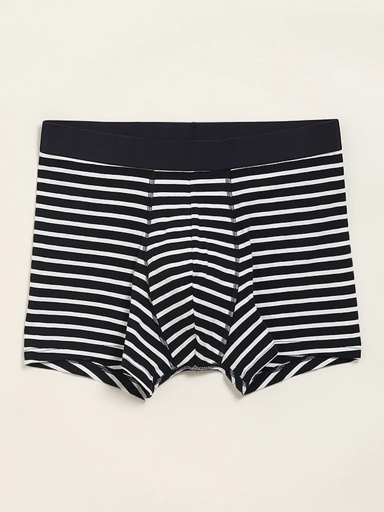 WES Lounge Navy Striped Cotton-Blend Relaxed Fit Trunks - Pack of 3 - Image 4