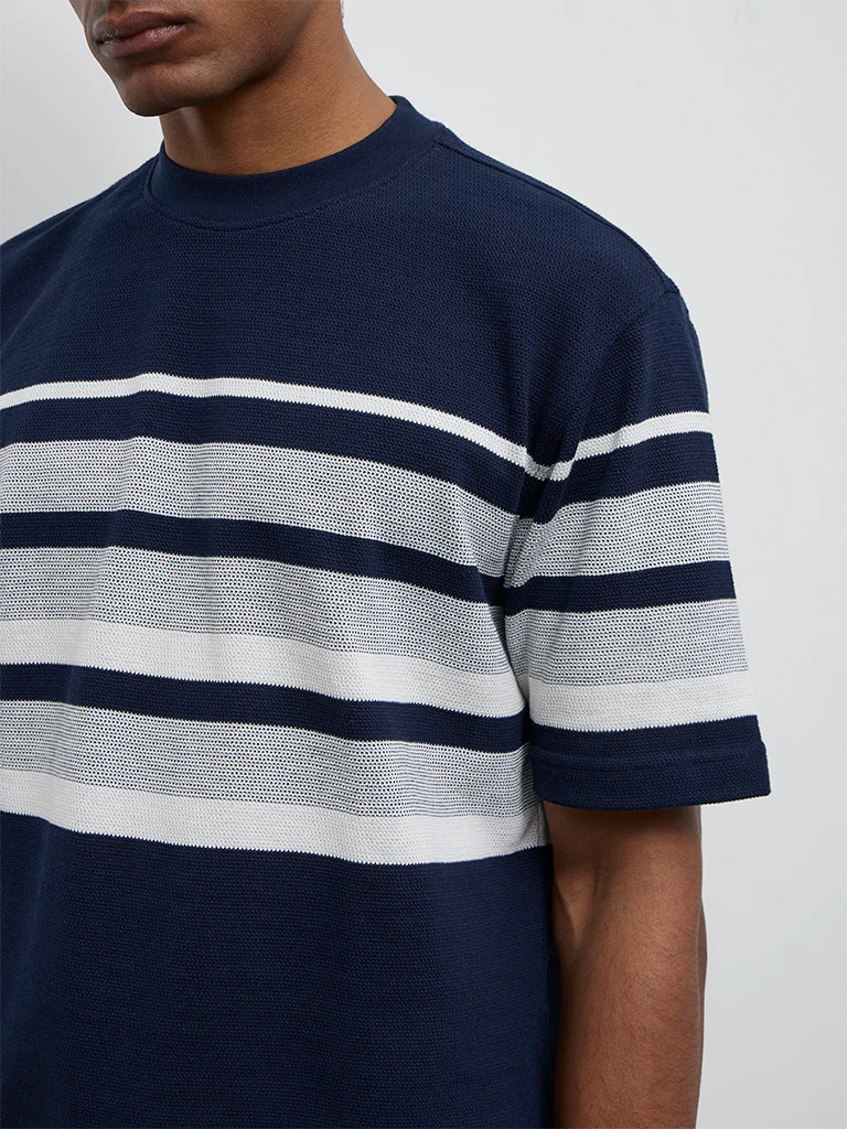 WES Lounge Navy Striped Relaxed-Fit Cotton-Blend T-Shirt - Image 3