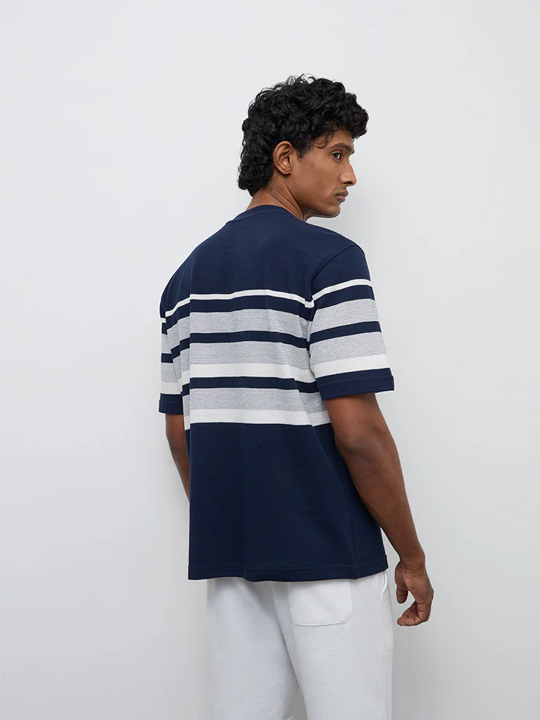 WES Lounge Navy Striped Relaxed-Fit Cotton-Blend T-Shirt - Image 4