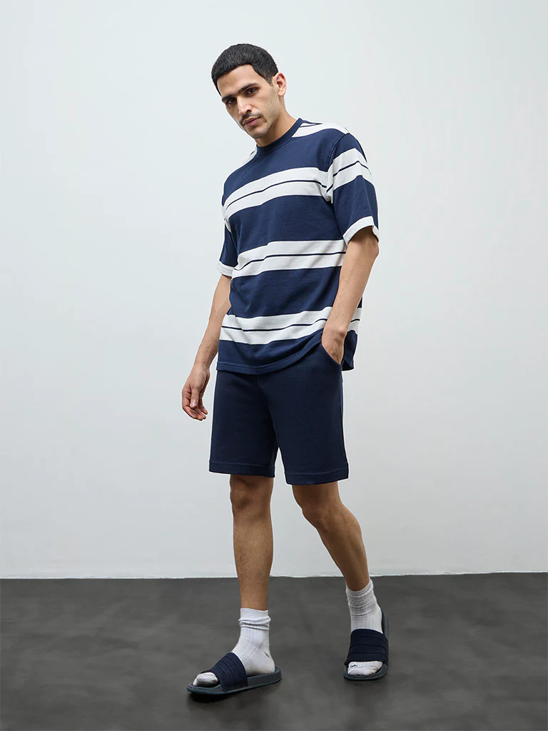 WES Lounge Navy Striped Relaxed-Fit Cotton-Blend T-Shirt - Image 2