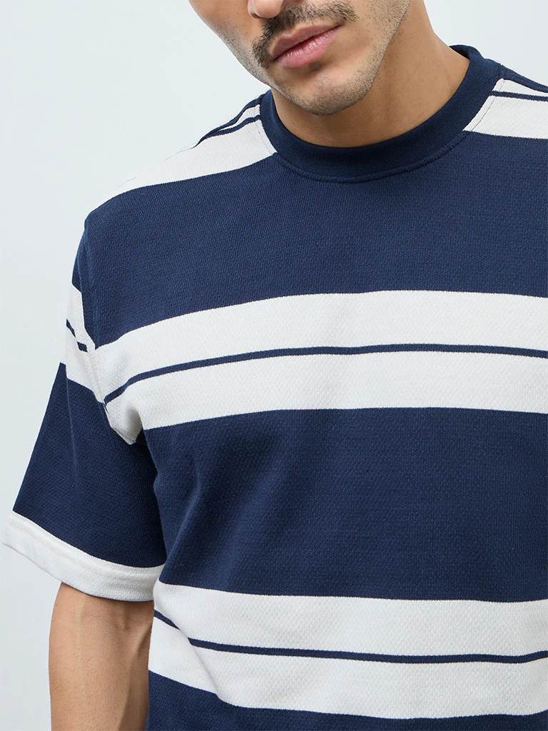 WES Lounge Navy Striped Relaxed-Fit Cotton-Blend T-Shirt - Image 3