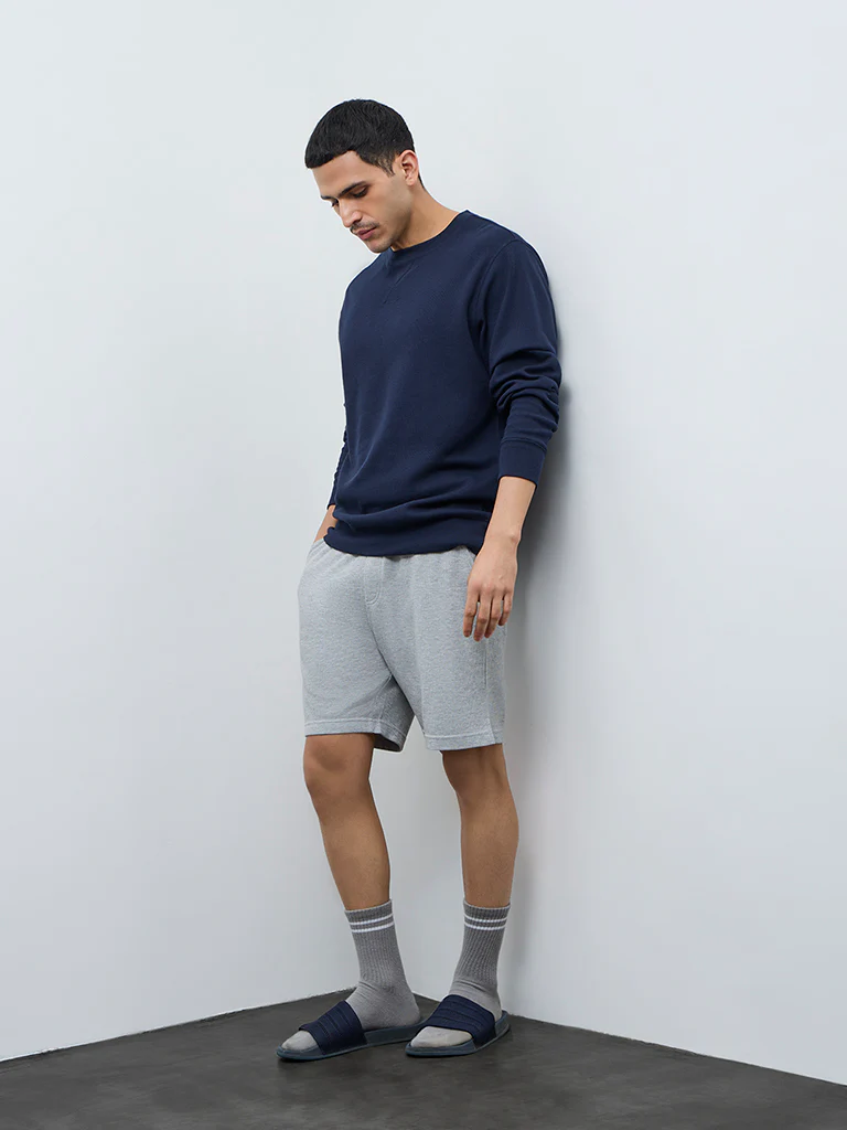 WES Lounge Navy Waffle-Textured Regular-Fit Cotton T-Shirt - Image 3