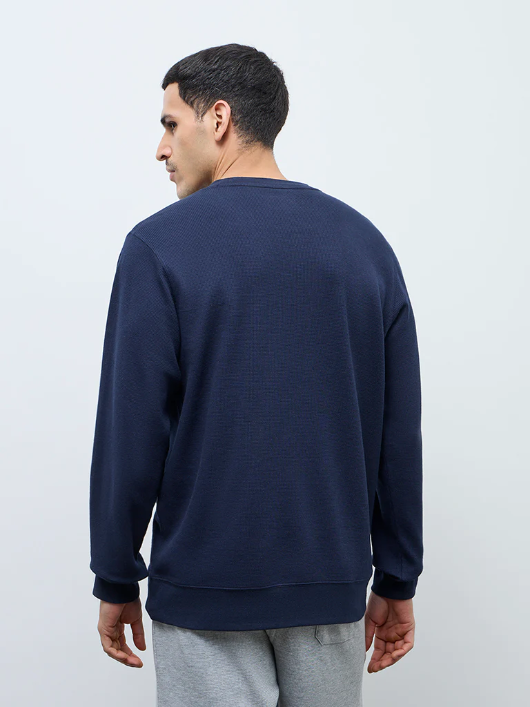 WES Lounge Navy Waffle-Textured Regular-Fit Cotton T-Shirt - Image 5