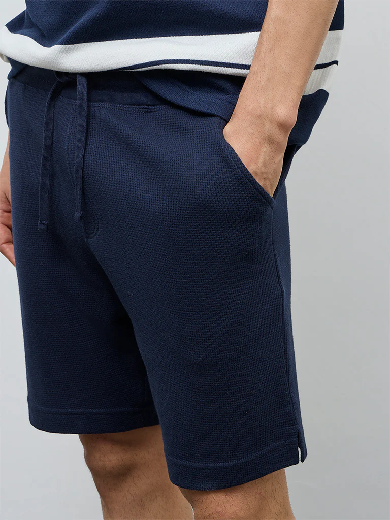 WES Lounge Navy Waffle-Textured Relaxed-Fit Mid-Rise Cotton-Blend Shorts - Image 3