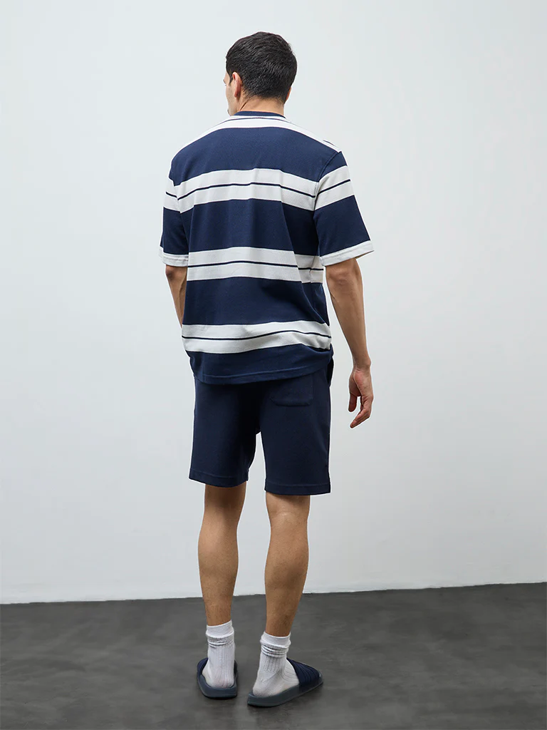 WES Lounge Navy Waffle-Textured Relaxed-Fit Mid-Rise Cotton-Blend Shorts - Image 4