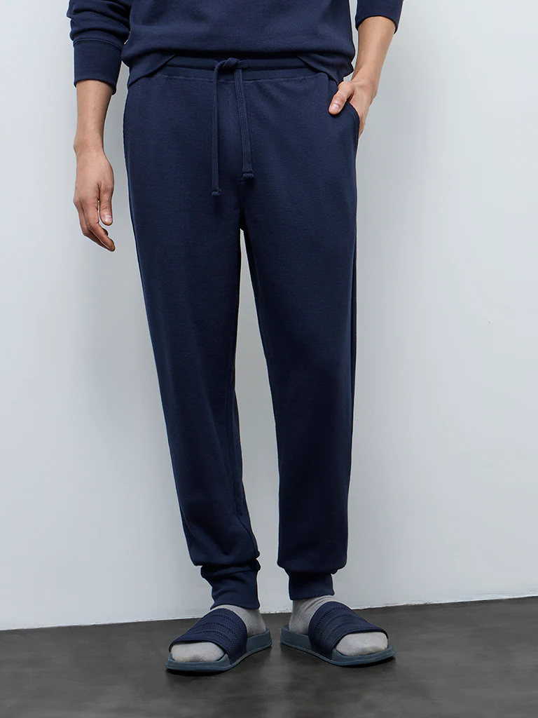 WES Lounge Navy Waffle-Textured Relaxed-Fit Mid-Rise Joggers - Image 2