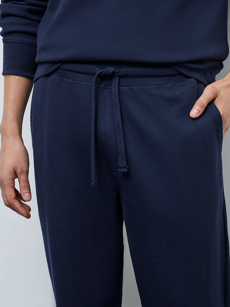 WES Lounge Navy Waffle-Textured Relaxed-Fit Mid-Rise Joggers - Image 3