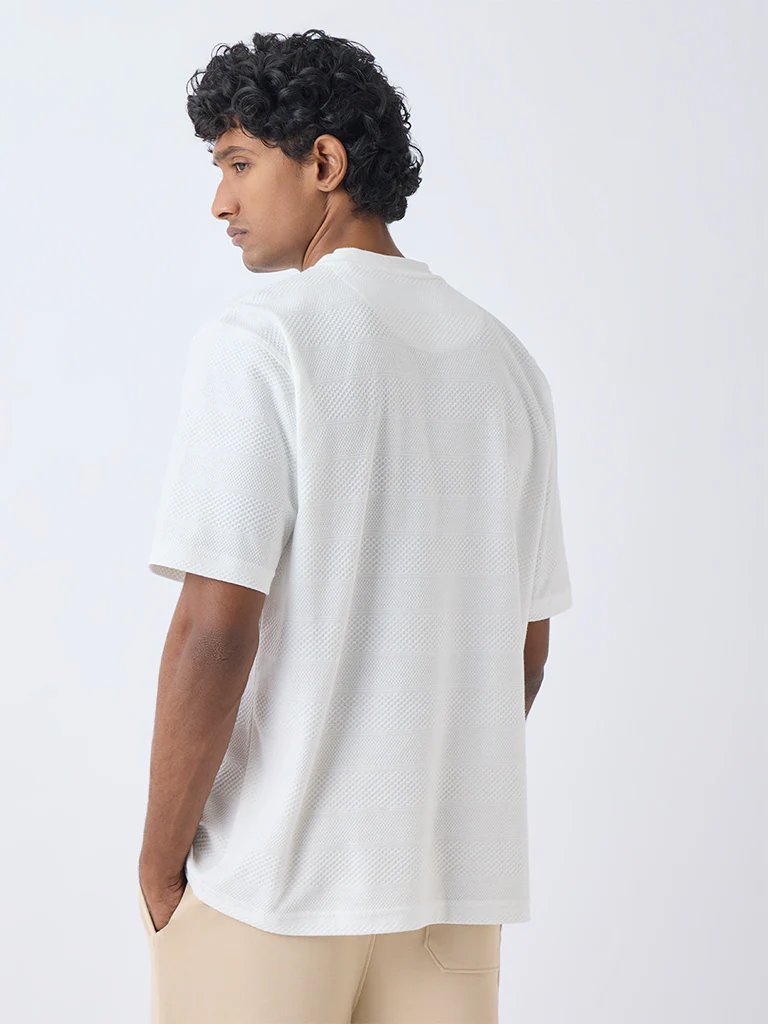 WES Lounge Off-White Self-Textured Relaxed-Fit Cotton-Blend T-Shirt - Image 4