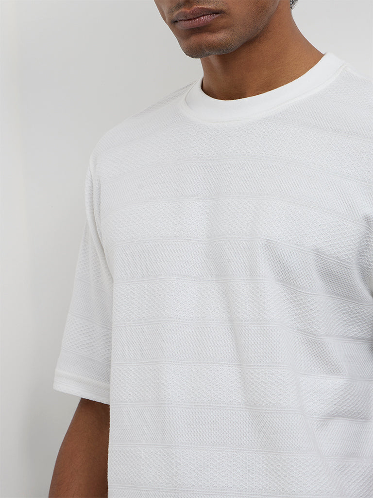 WES Lounge Off-White Stripe Textured Relaxed Fit Cotton T-Shirt - Image 4