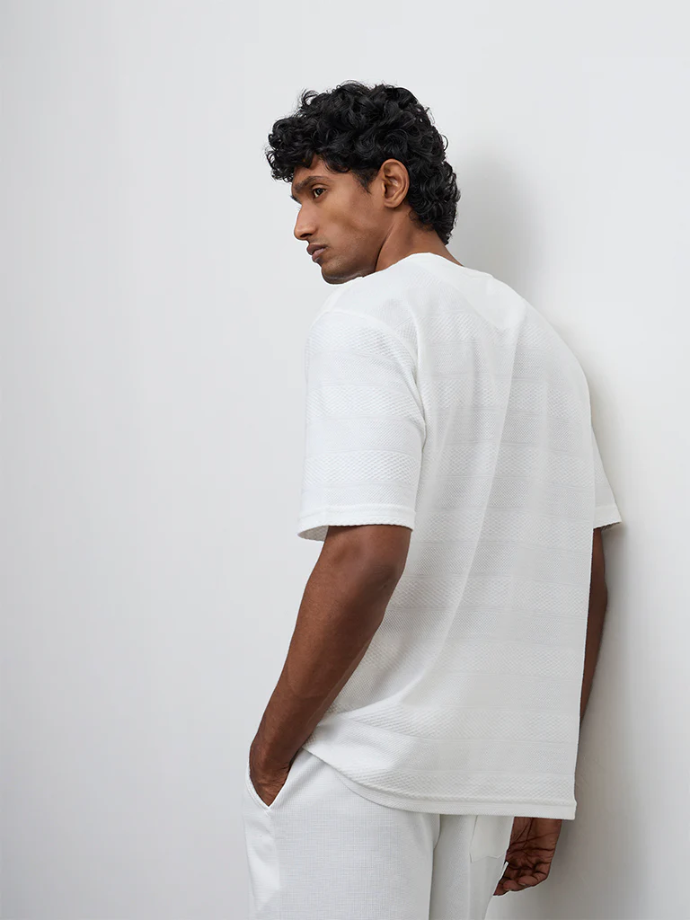 WES Lounge Off-White Stripe Textured Relaxed Fit Cotton T-Shirt - Image 5