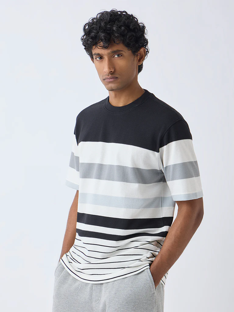 WES Lounge Off-White Striped Relaxed-Fit Cotton-Blend T-Shirt - Image 2