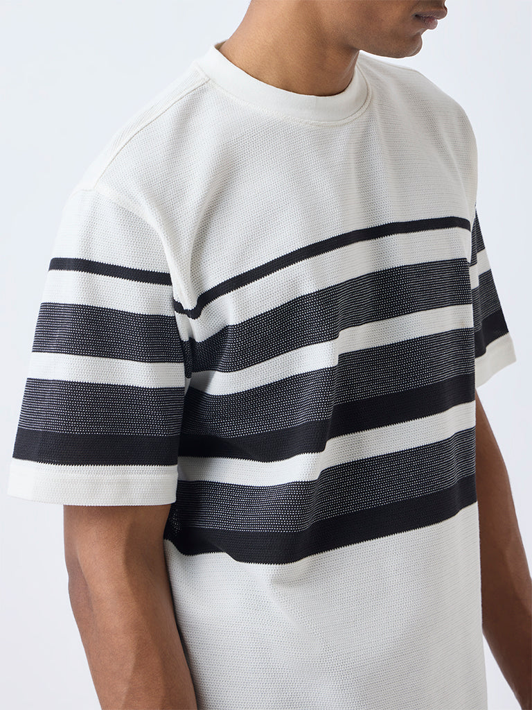 WES Lounge Off-White Striped Relaxed-Fit Cotton-Blend T-Shirt - Image 3