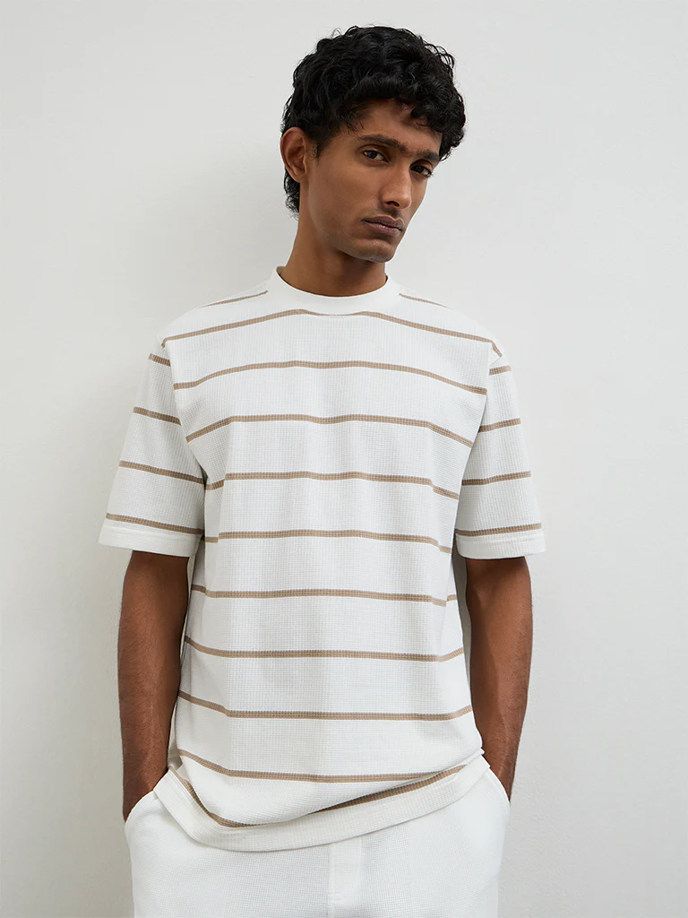 WES Lounge Off-White Striped Relaxed-Fit Cotton T-Shirt - Image 2