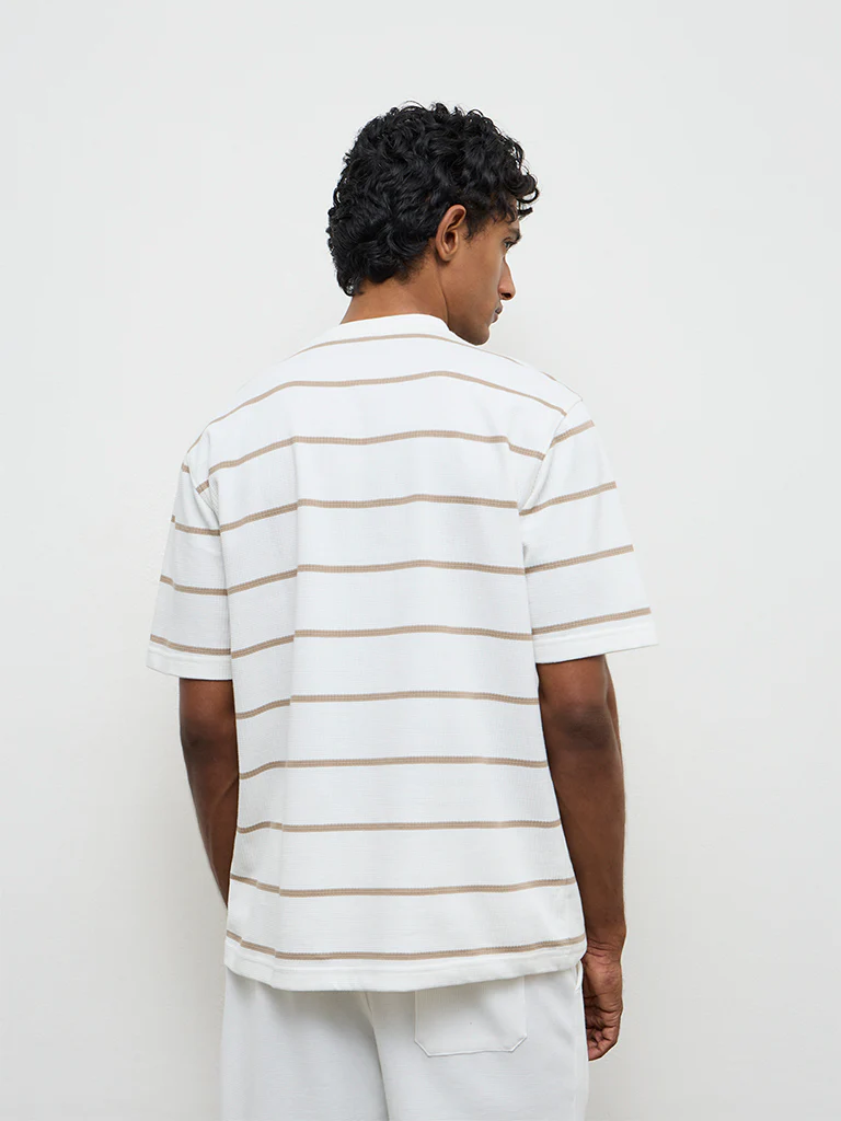 WES Lounge Off-White Striped Relaxed-Fit Cotton T-Shirt - Image 4