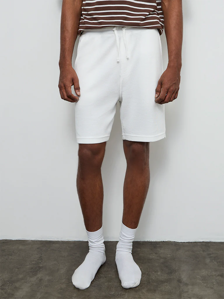 WES Lounge Off-White Waffle-Textured Relaxed-Fit Mid-Rise Cotton-Blend Shorts - Image 2